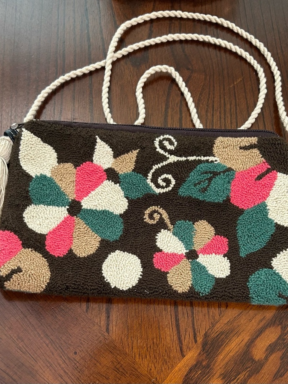 Wayuu Tribe Floral Embroidered Crossbody Bag - Brown, Teal & Pink